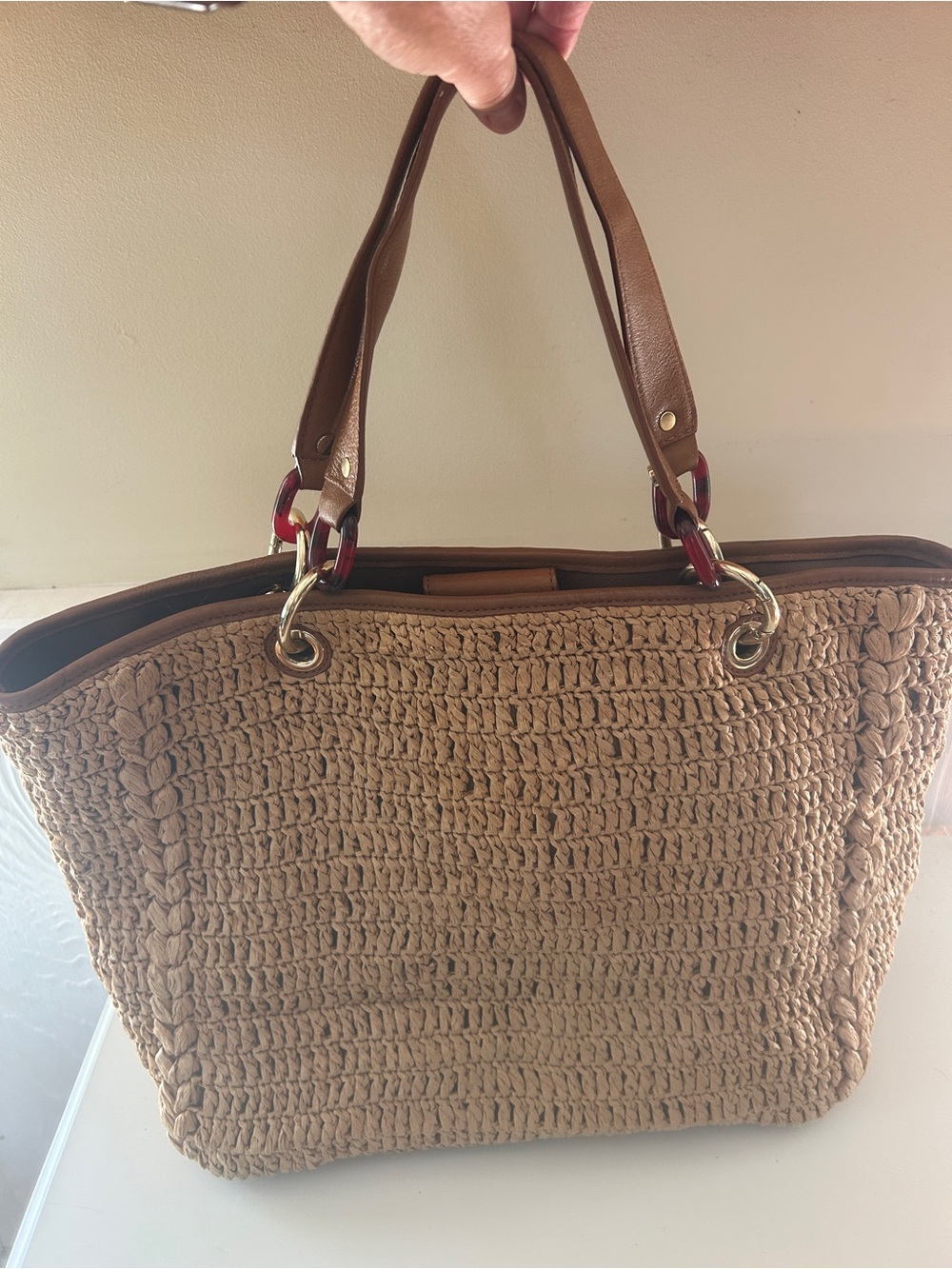 DKNY Beige Woven Tote with Brown Leather Handles
